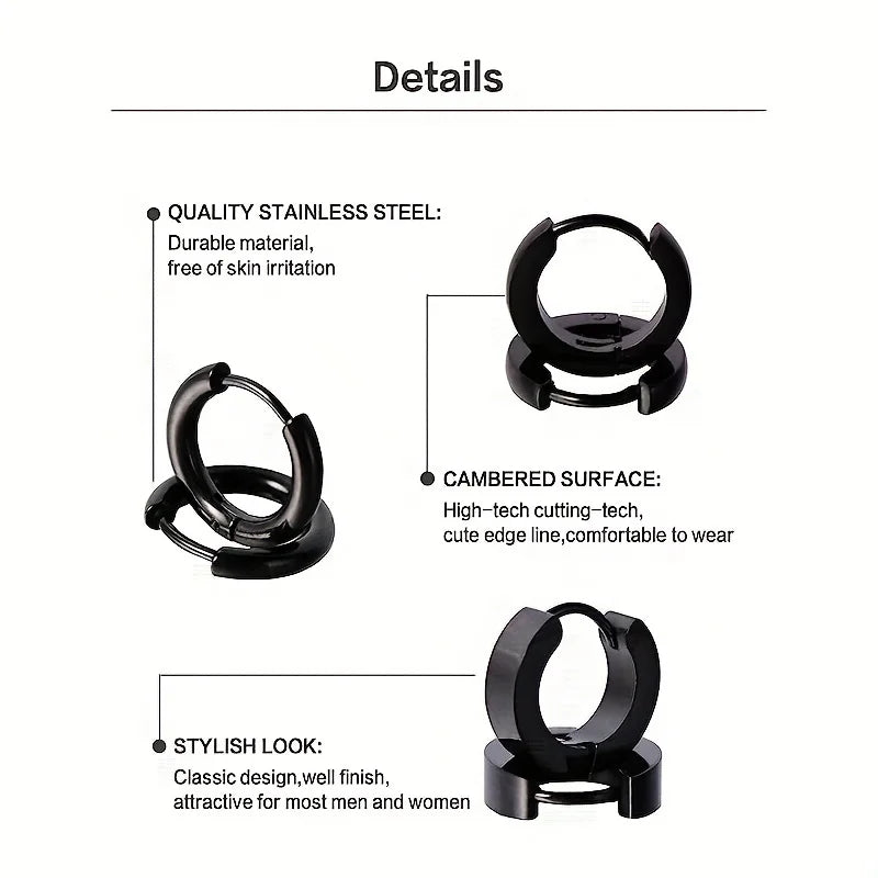 Stylish Men's 4-Pair Earring Set - Black Stainless Steel Studs & Hoops, Durable, Versatile & Allergy-Free