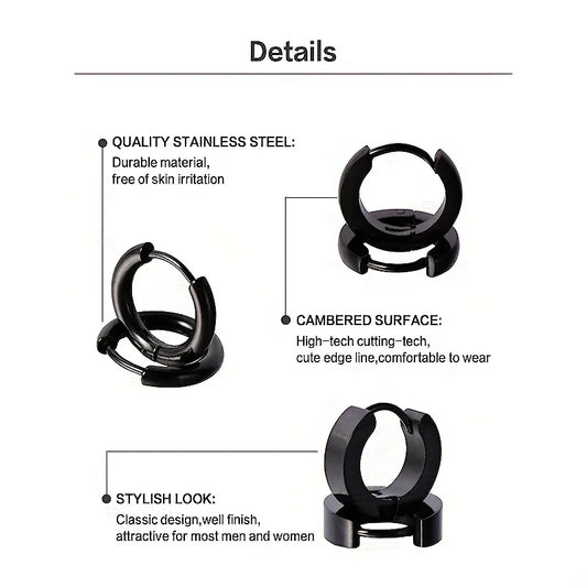 Stylish Men's 4-Pair Earring Set - Black Stainless Steel Studs & Hoops, Durable, Versatile & Allergy-Free