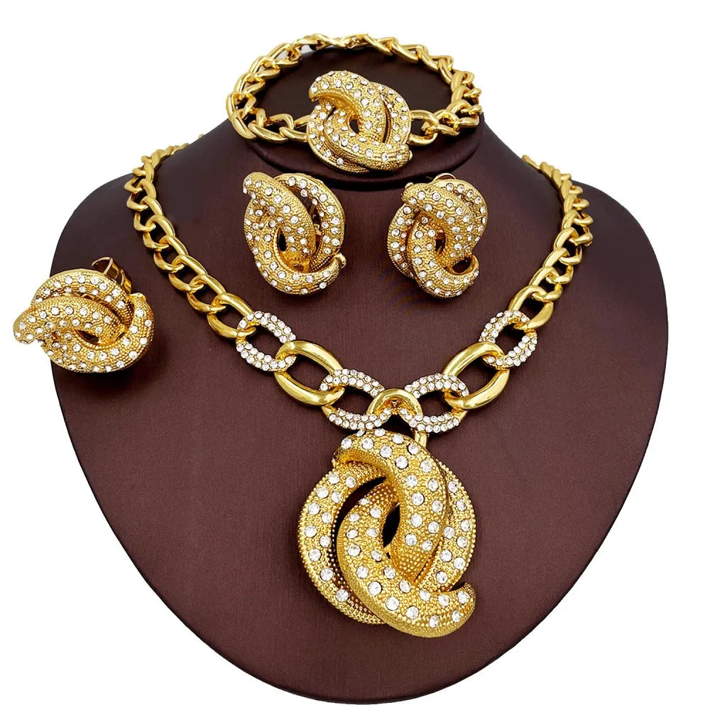 Dubai Nigeria Trending Jewelry Set For Women Luxury Design 18K Gold Plated Necklace Earrings Ring Bracelet Wedding Party Gift