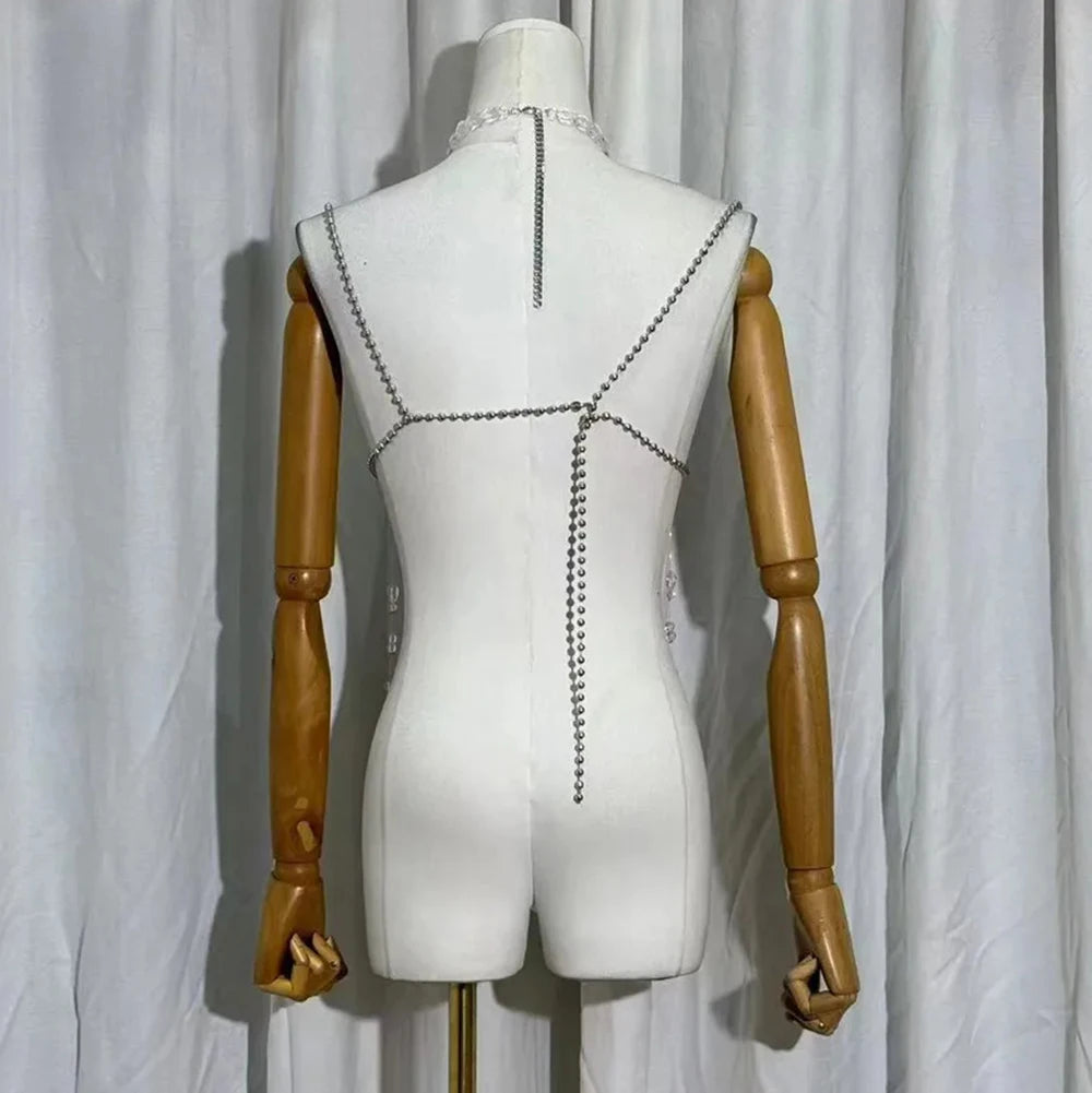 Sexy Europe And The United States Crystal Pearl Female Vest Handmade Street Shooting Bra Top Hollow Body Chain Holiday Swimsuit
