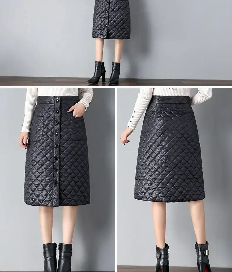 Simplicity Fashion Winter New Women Solid Button Pockets High Waist Down Cotton Thicken Warm Mid-length A-line One Pace Skirt