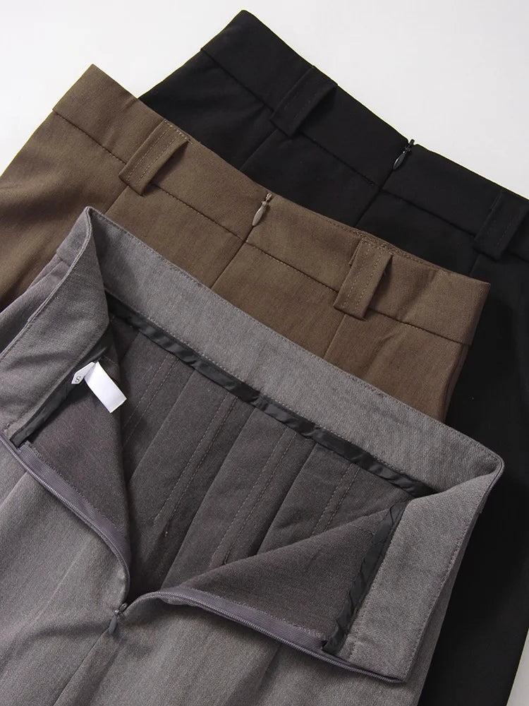 Gray Midi Pleated Skirts For Women Autumn 2024 High Waist A Line Maxi Zipper Skirts For Office Lady Long Skirt Woman Black