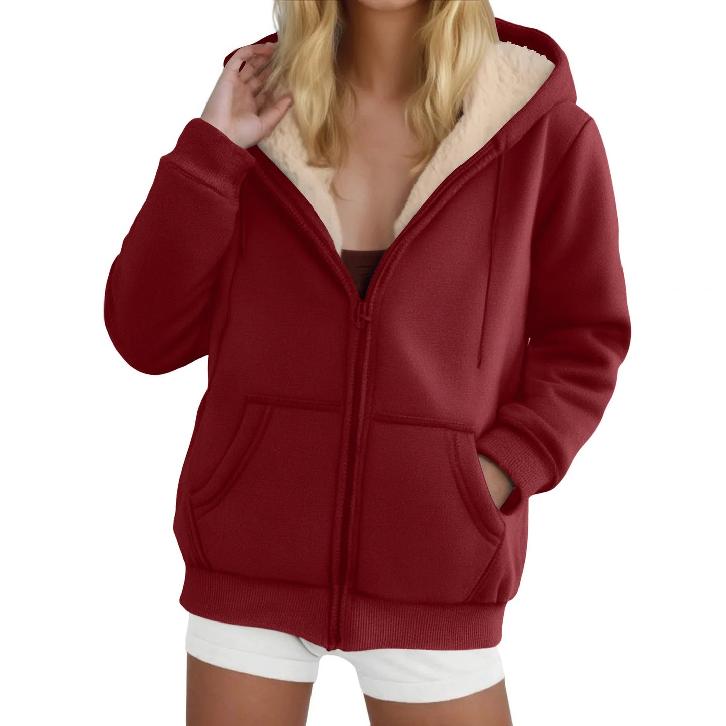 Women's Fleece-Lined Thickened Hooded Sweatshirt Solid Color Autumn Winter Thick Warm Hoodies Zipper Up Pocket Loose Jackets