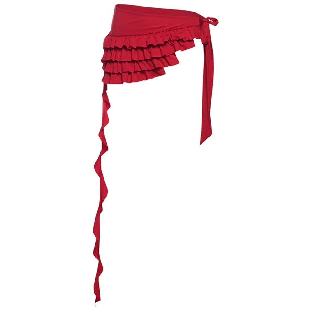 Embroidered Flower Lace Mini Skirt See Through Irregular Ruched Skirts Harajuku Lace-up Design Lace Up Ruffles Skirt