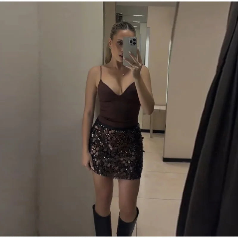 Sexy Paillette Mini Women's Skirt Fashion High Waist A-line Party Club Female Skirts 2025 Winter Streetwear Lady Clothes