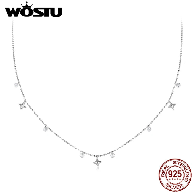 WOSTU 925 Sterling Silver Star Tassel Chain Necklace For Women AAA Zircon Wedding Stackable Necklace Fine Choker  Jewelry Gift