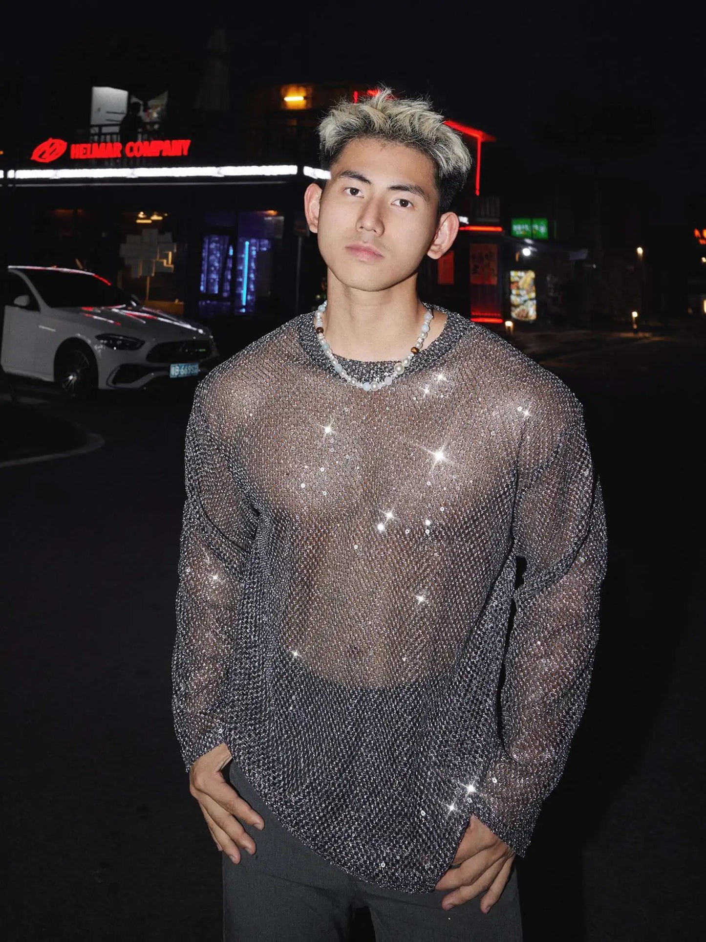FEWQ Sequins Decoration Men's T-shirts Mesh Design Round Collar Tops Long Sleeved See-through Pullover Male Tees Niche 24K4819
