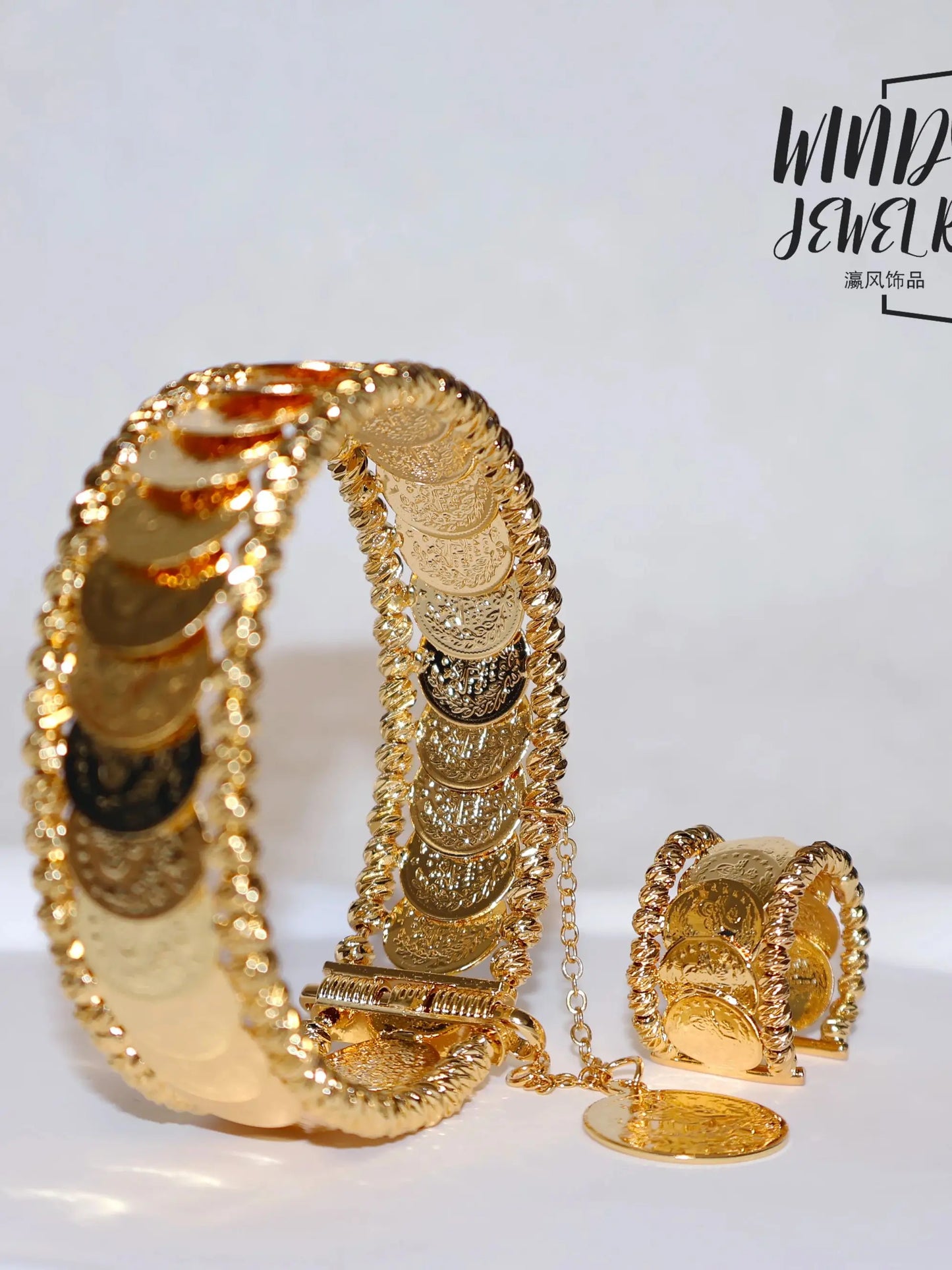 Windy Jewelry Coin Jewelry Sets 24k Gold Plated Dubai Arab Women Luxury Cuff Bangles Bridal Wedding Bracelet Rings