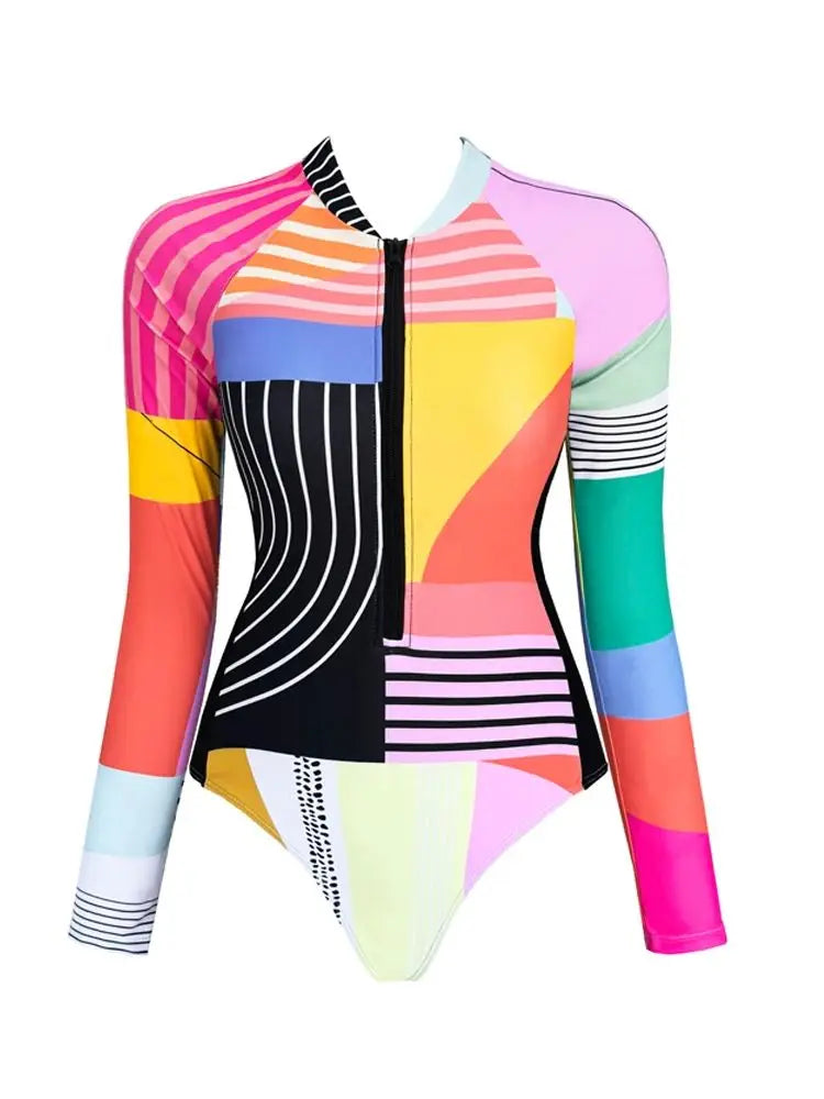Long Sleeve Swimwear Women Surfing Zipper Swimsuit Beach Print Beach Beachwear Summer Bathing Suit Swimwear