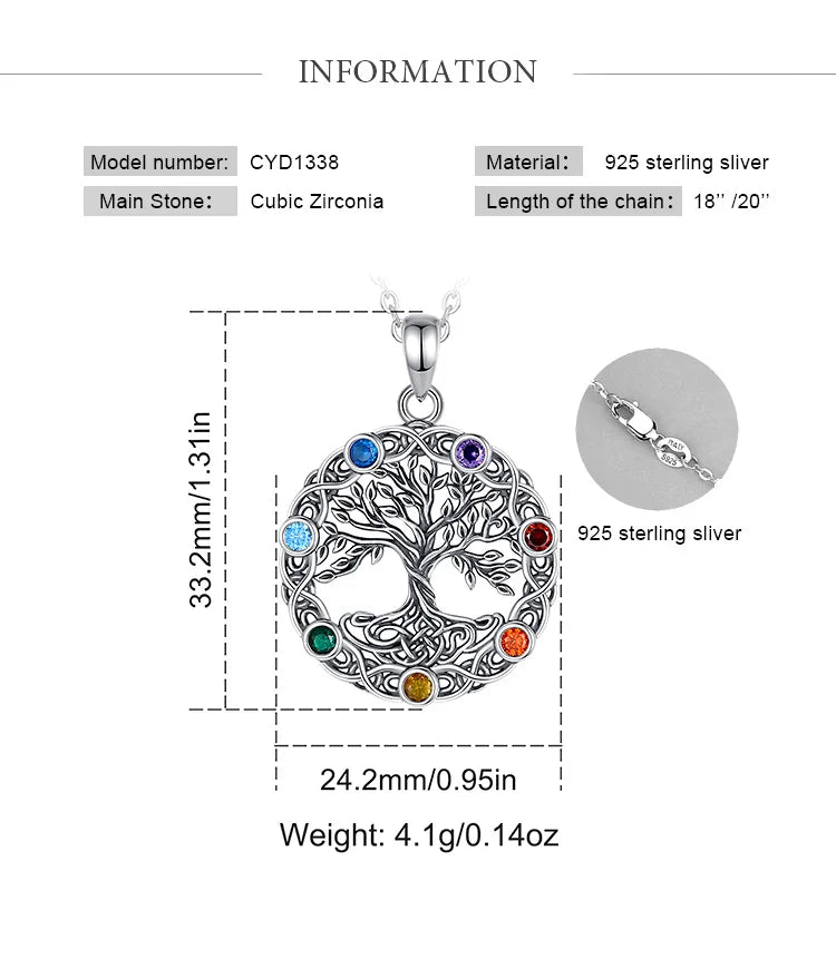Eudora Original 925 Sterling Silver Tree of Life Necklace for Women Man 7 Color Chakra Pendant Tree Jewelry Mom Grandma Gifts