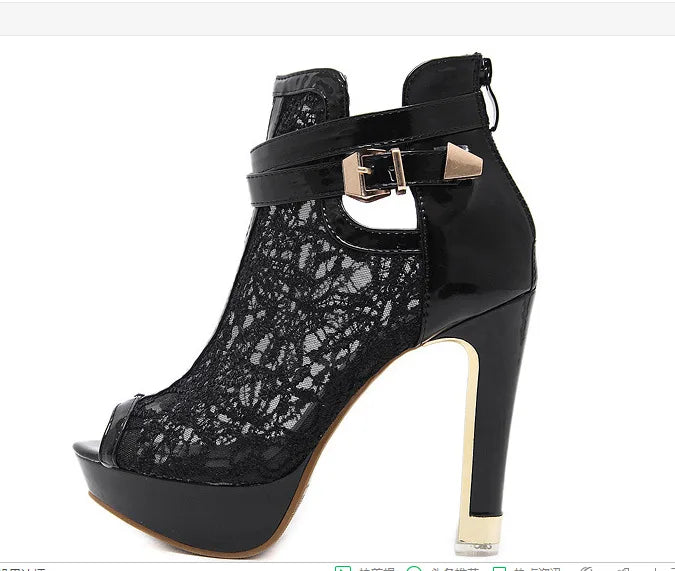 Sexy Mesh Fabric Platform High Heels Boots Sandals Women Peep Toe Nightclub Party Stiletto Female Shoes