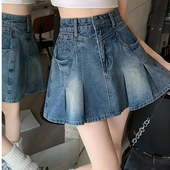 Fashionable High Waist A- Line Mini Skirt Women's Summer New Style American Retro Denim Skirts Cotton Slimming Pleated Skirts