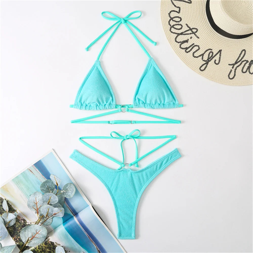 Micro String Extrem Bikini Orange Y2K Triangle Backless Swimsuit Toweling Rings Vacation Swimwear Women Push Up Beach Bath Suits