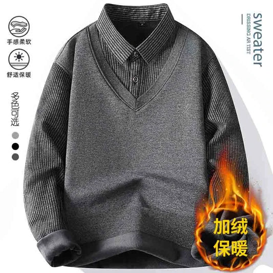 Autumn and Winter New Collection with Fleece Fake Two Piece Long Sleeved Polo Shirt for Men Fashionable and Casual Versatile Top