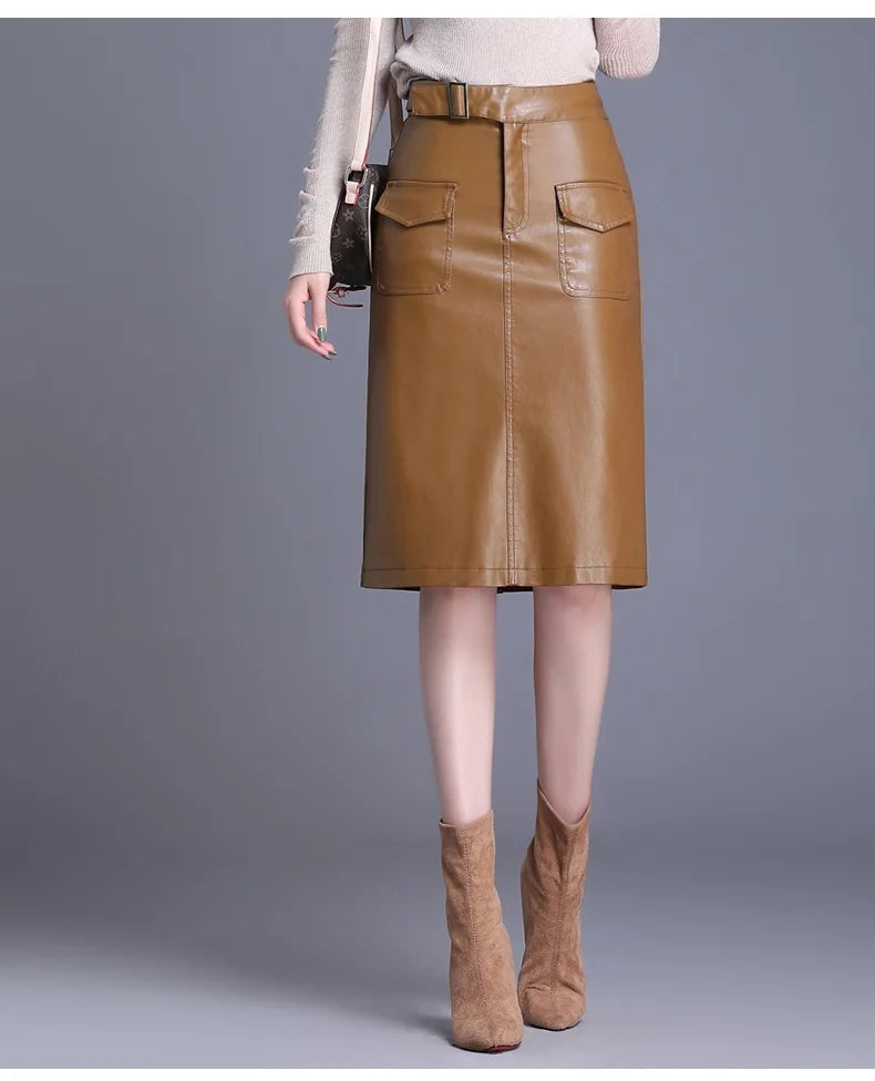 ZUZK Women  Knee Length PU Leather Skirt   Spring Autumn Solid Color Casual Straight Skirts PU Leather Skirts  3 Colors