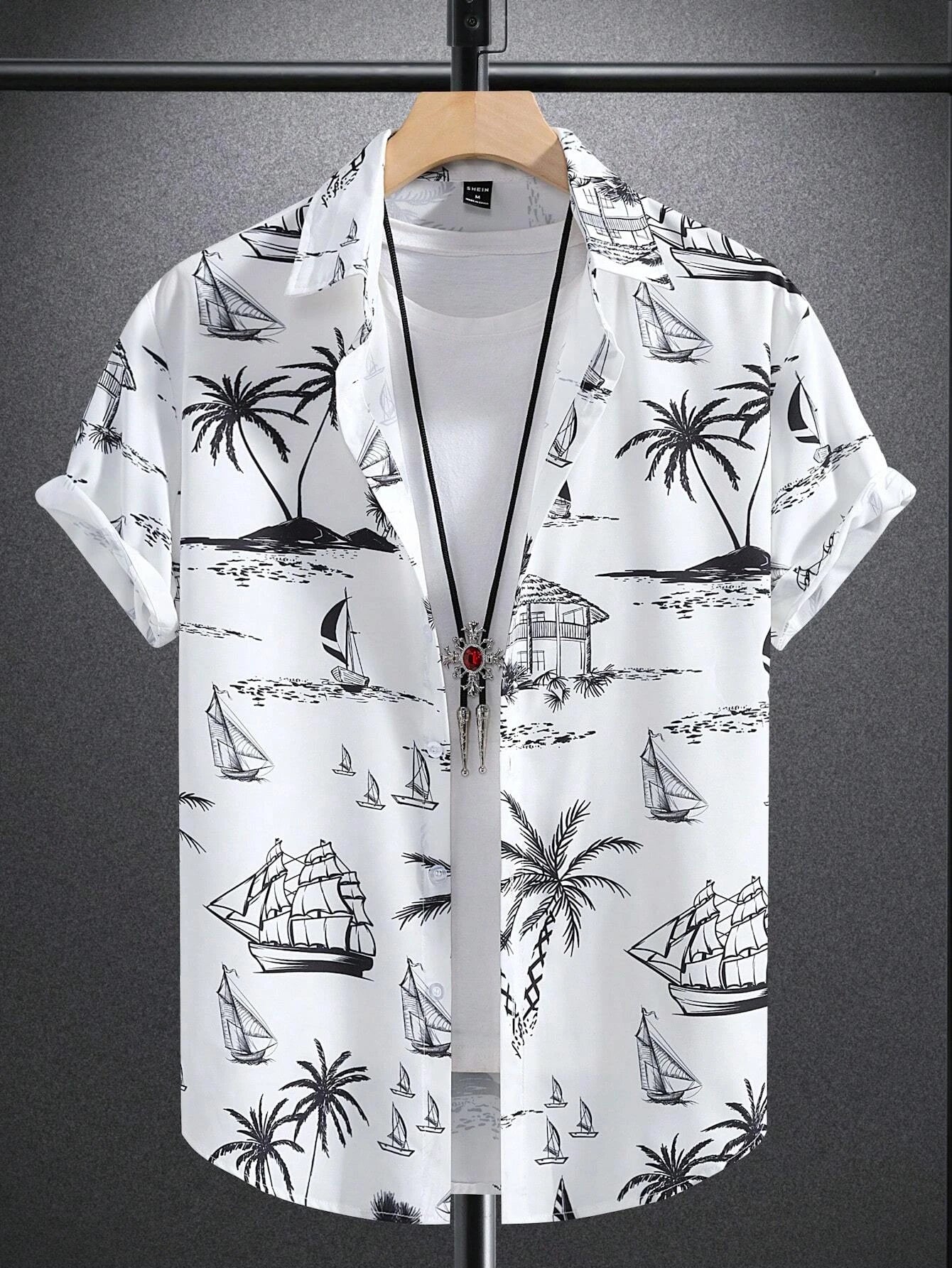 Hawaiian Botanical Flower Print Men's and Women's Short Sleeve Lapel Seaside Button-Down Shirt Top Casual Fashionable Shirts