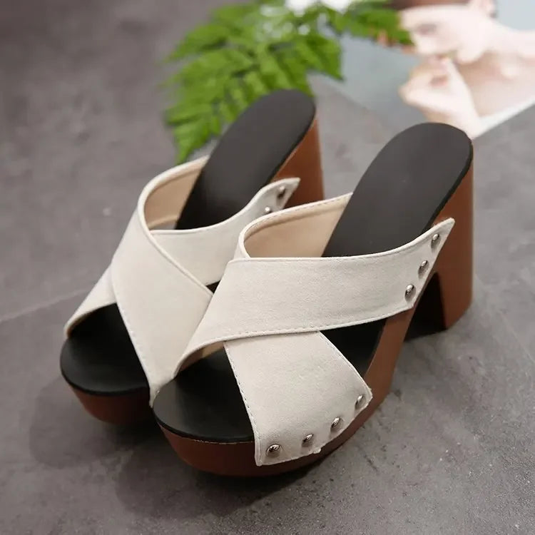 Women Sandals 2024 Summer New Square Platform Flock Casual Rivet Pumps Female Peep Toe Elegant High Heels Shoes Zapatos De Mujer