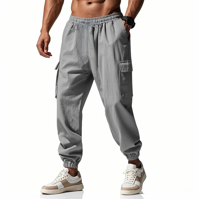 2025 New Men's Cotton and Linen Multi Pocket Ankle Pants, Loose Drawstring Pants Workwear Sports Trend Men's Pants
