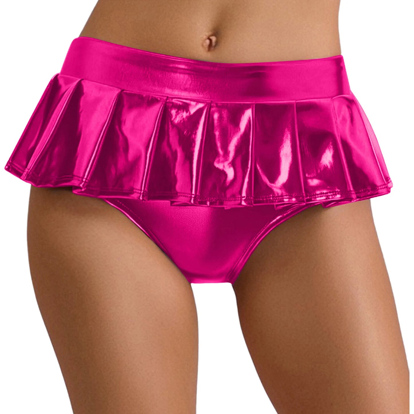 Womens Metallic Shiny Mini Skirt Elastic Waistband Pleated Skirted Underwear Culottes Micro Miniskirts Rave Party Nightclub Wear