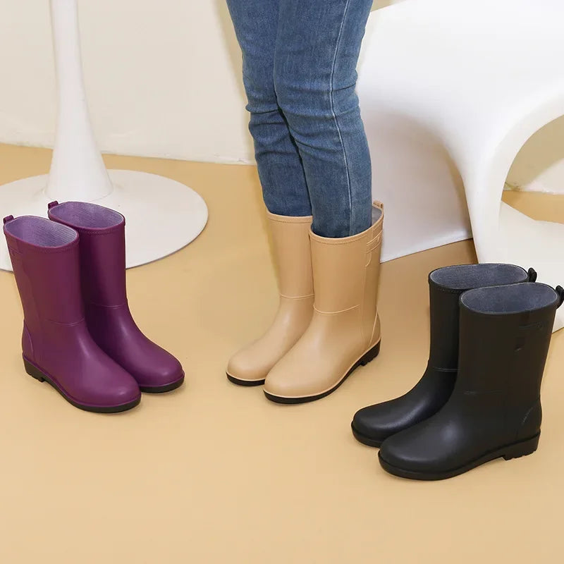 Fashionable Women's Mid-Calf Rain Boots Fleece Lined Anti-Slip Half Boots Adult Rain Shoes Wholesale From China Land