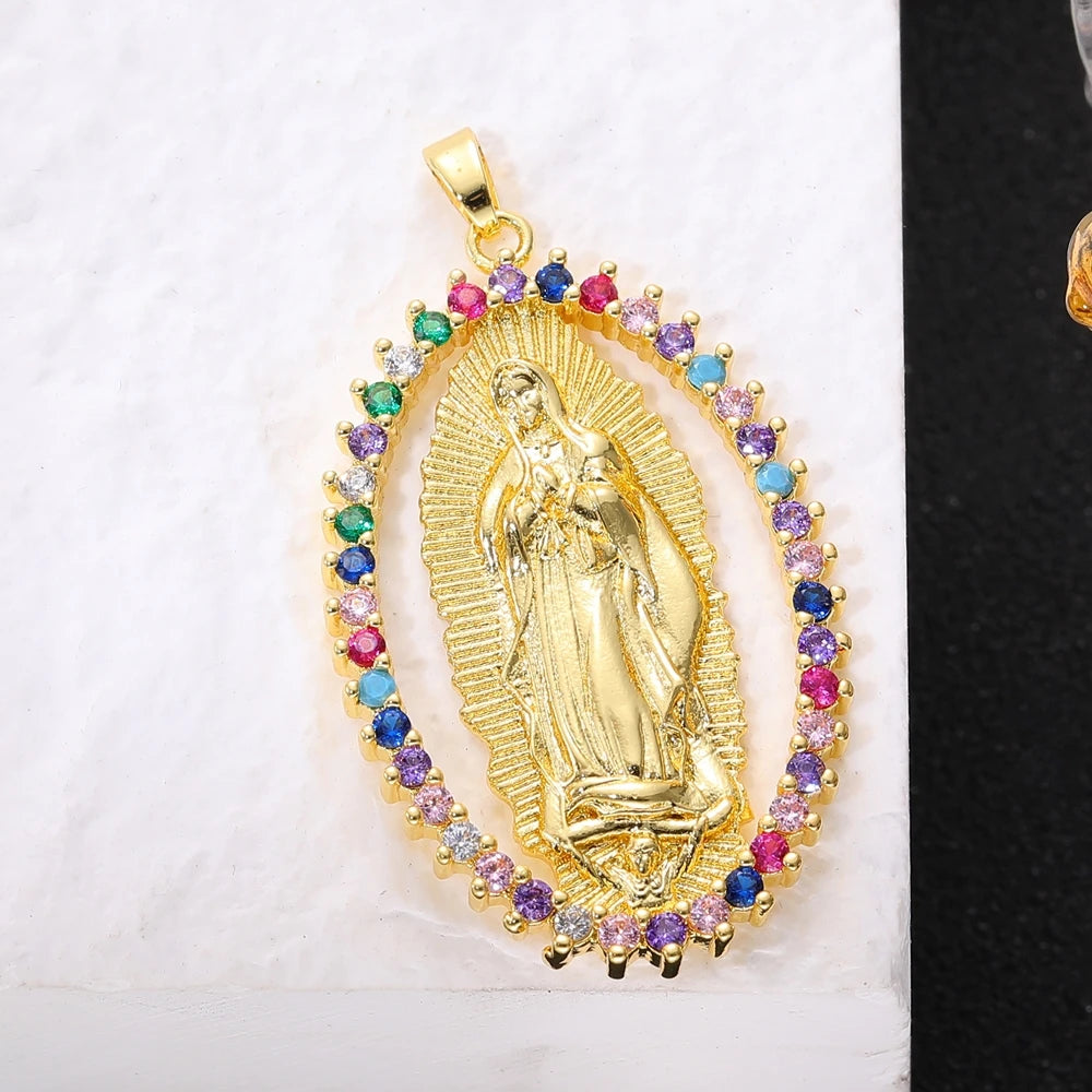 Juya 18K Real Gold Plated Religious Pendant Jewelry Making Supplies Creative Saint Mary Virgin Christian Cross Charms Supplies