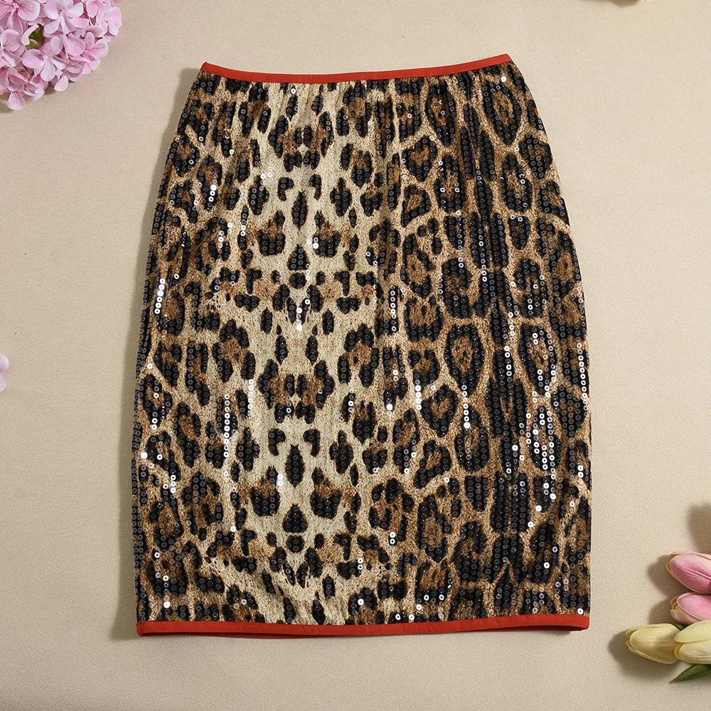 CMYAYA High Waist Women's Midi Skirt Leopard Sequined Sweet Slim Sexy Casual Elastic 2025 Spring Street Night Skirts Vacation