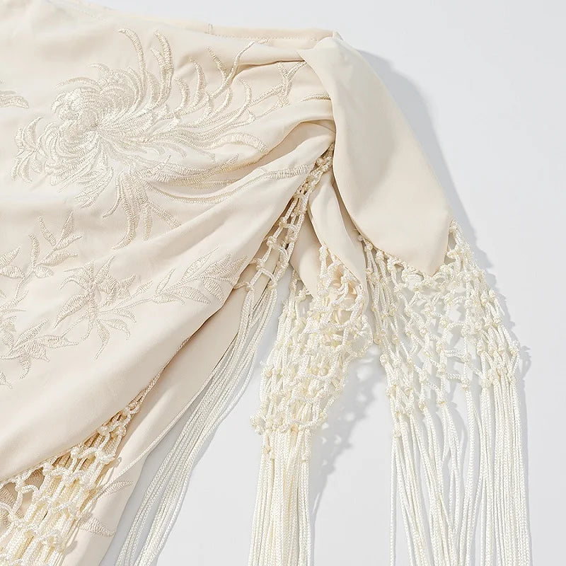 MUJER Embroidery Lace Long Skirt Woman High Waist Midi Skirts for Women Summer Beach Skirt Woman Tassel Women's Skirts Cylinder