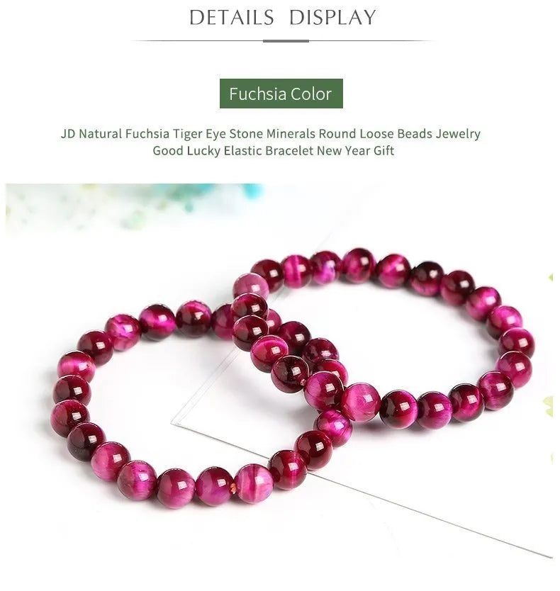 JD Natural Fuchsia Tiger Eye Stone Minerals Round Loose Beads Jewelry  Good Lucky Elastic Bracelet New Year Gift