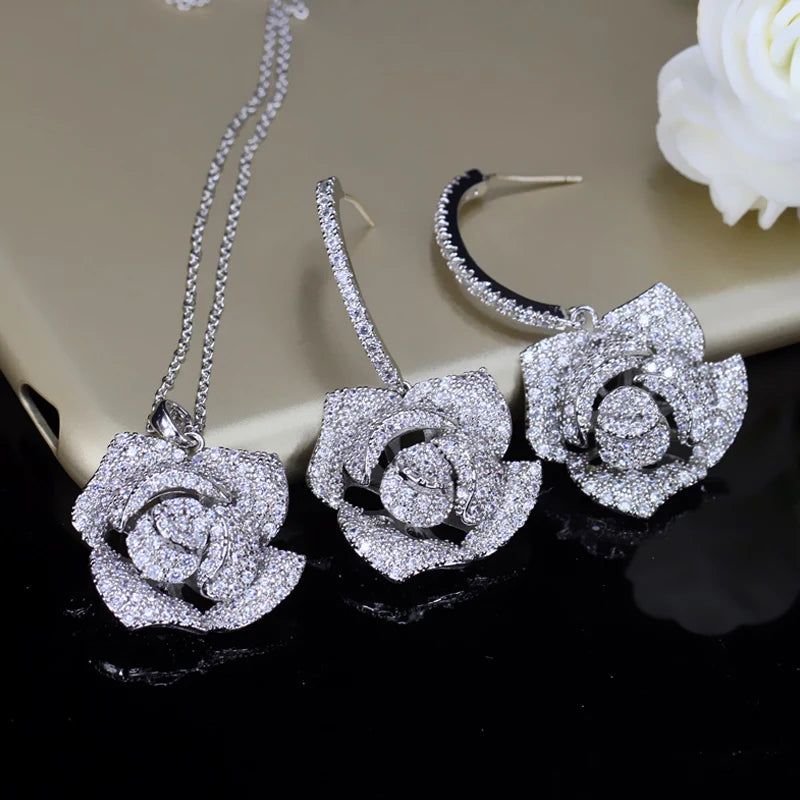 ThreeGraces Elegant Cubic Zirconia White Gold Color Rose Flower Dangle Earrings Necklace Summer Prom Jewelry Set for Women JS594