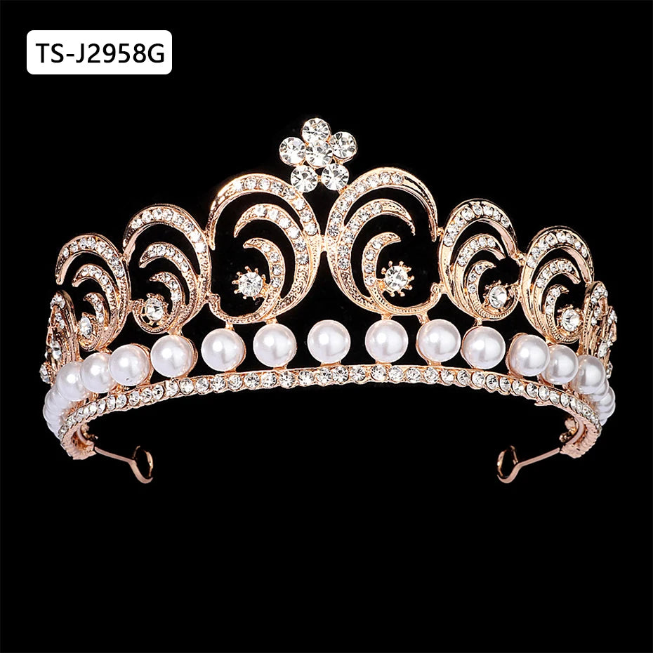 Gold Color Tiaras and Crowns for Women Wedding Bridal Hair Accessories Pearl Rhinestone Headpiece Bride Headdress Prom Jewelry