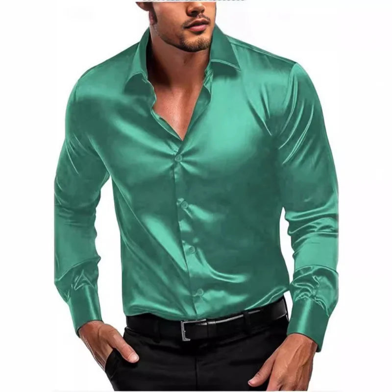 Mens Shirts Silky Luxury Satin Fabric Autumn Blouse Elegant British Long-Sleeved Smooth Business Office Shirts Party Tuxedo Tops