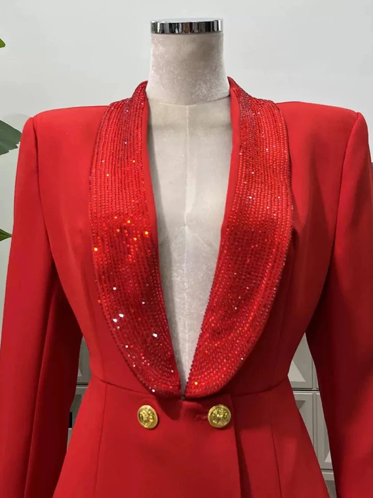 2025 autumn women's new fashion temperament deep V-neck heavy industry beading stitching design sense backless women's suit jack