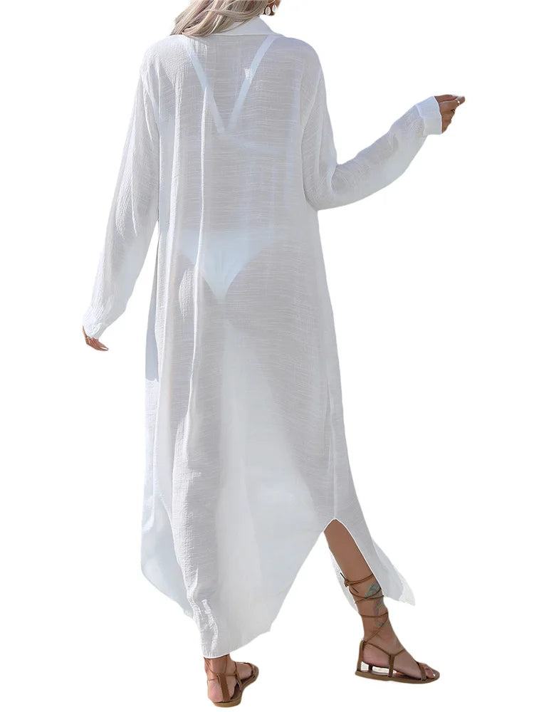 CHRONSTYLE Women Long Sleeve Beach Shirt Dress Lapel Solid Color Button Up Irregular Hem Long Maxi Dress Bikinis Cover Ups 2025