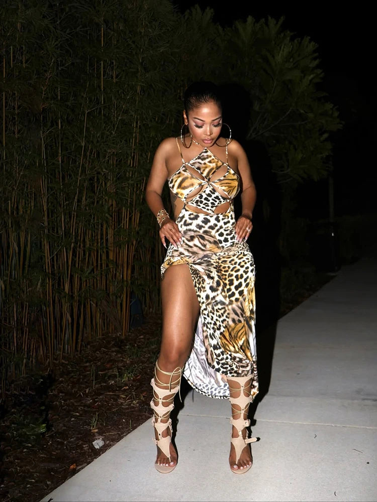 Sisterlinda Sexy Backless Dress Women Hollow Tiger Print Sleeveless Stretch Turtleneck Midnight Prom Party Clubwear Long Bodycon