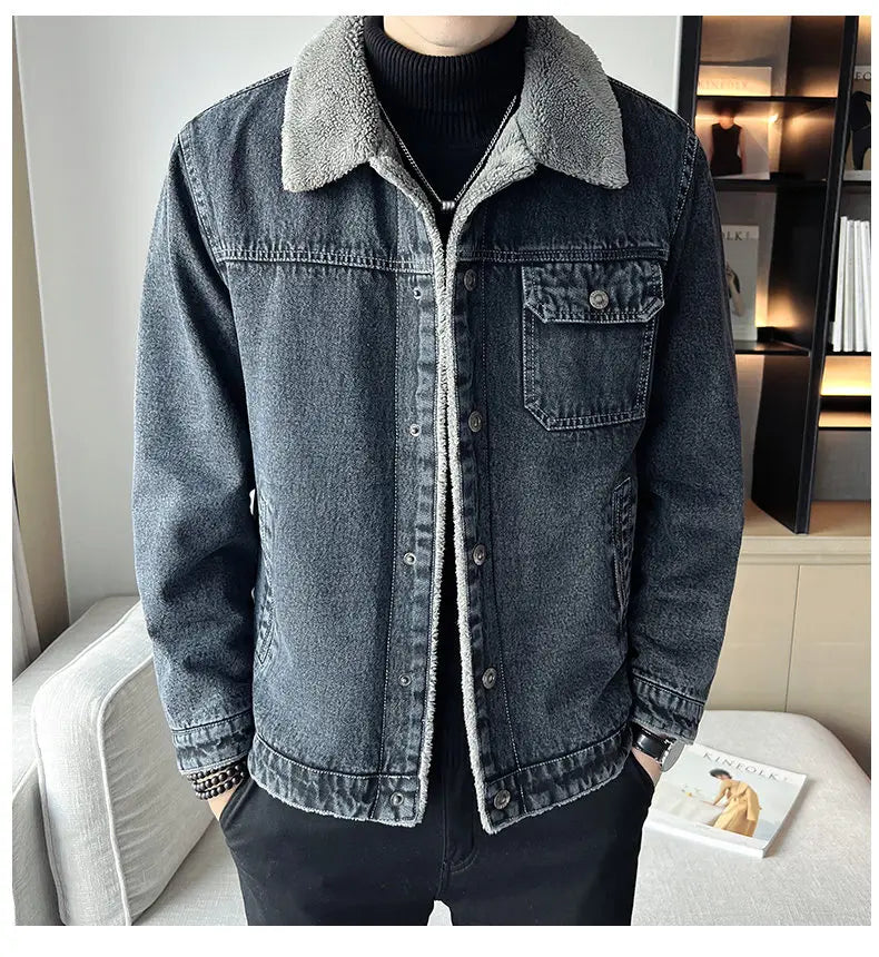 Men Denim Jacket Men Fleece Trendy Winter Velvet Coats 2025 Men Korean Slims Casual Thick Jacket Male Lamb Fur Casual Outerwear