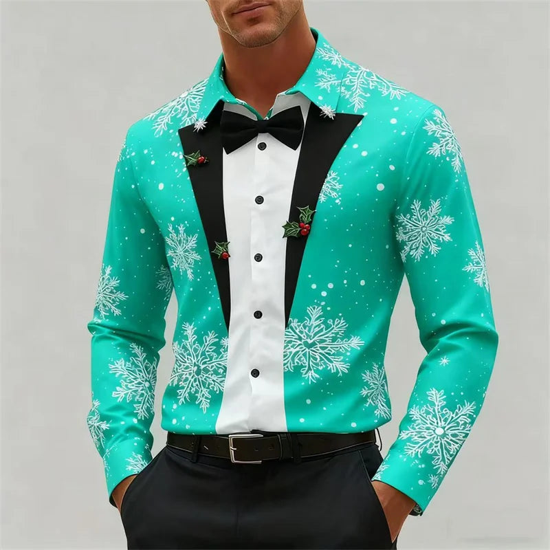 Christmas Men's Snowflake Bow Tie Pattern 3D Print Christmas Shirt Long Sleeve Tops Outdoor Holiday Gift Shirt Men Clothing