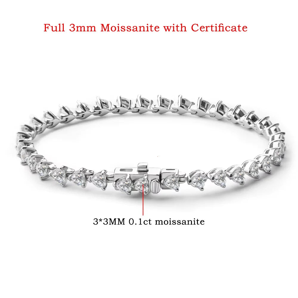 FEOBUR 3/5/6.5mm Heart Moissanite Tennis Bracelets with Certificate 925 Sterling Silver Sparkly Diamond Bangle for Women Jewelry