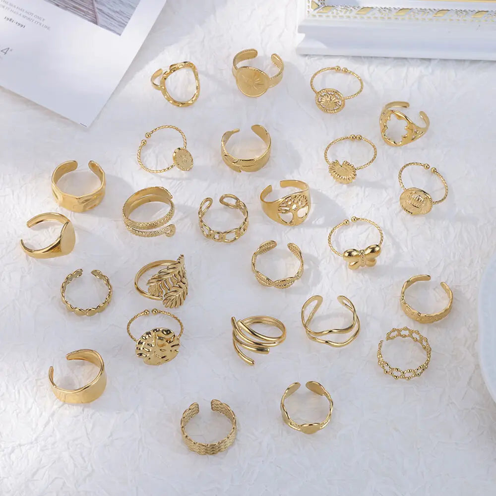 Stainless Steel Twist Chain Adjustable Rings for Women Men Simple Geometric Leave Flower Open Ring Jewelry Female Holiday Gifts