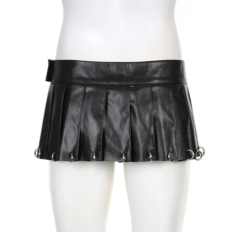 2025 New PU Leather Hollow Hoop High-waisted Velcro Slim A-line Pleated Skirt Short Dress for Women
