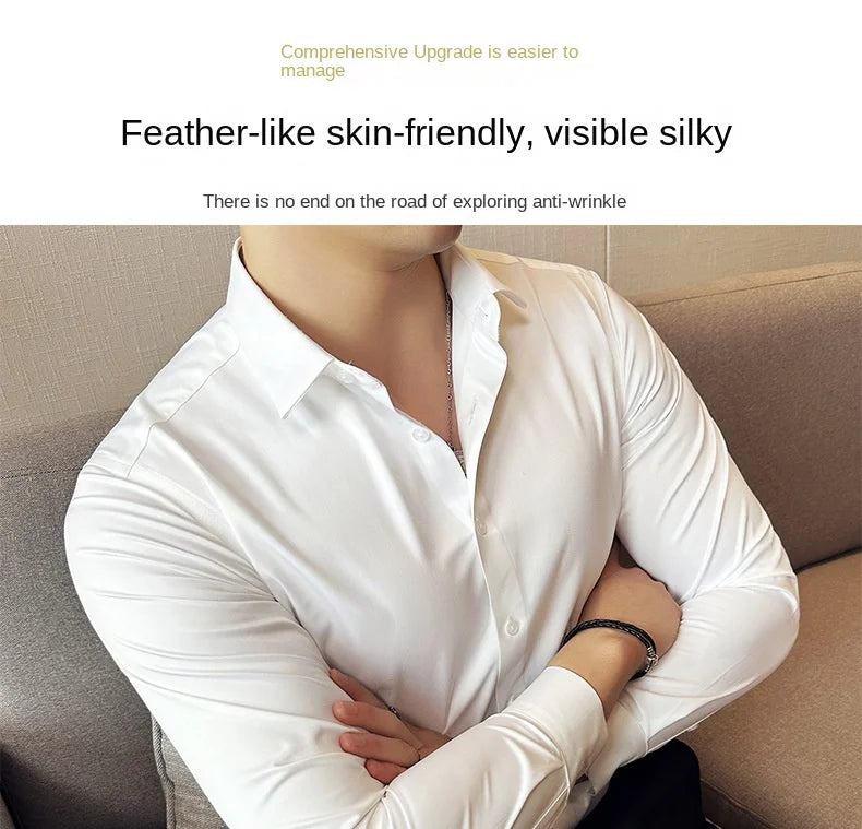 Seamless silk business casual shirt, long sleeved white non ironing elastic silk sliding cross shirt, men's formal wear