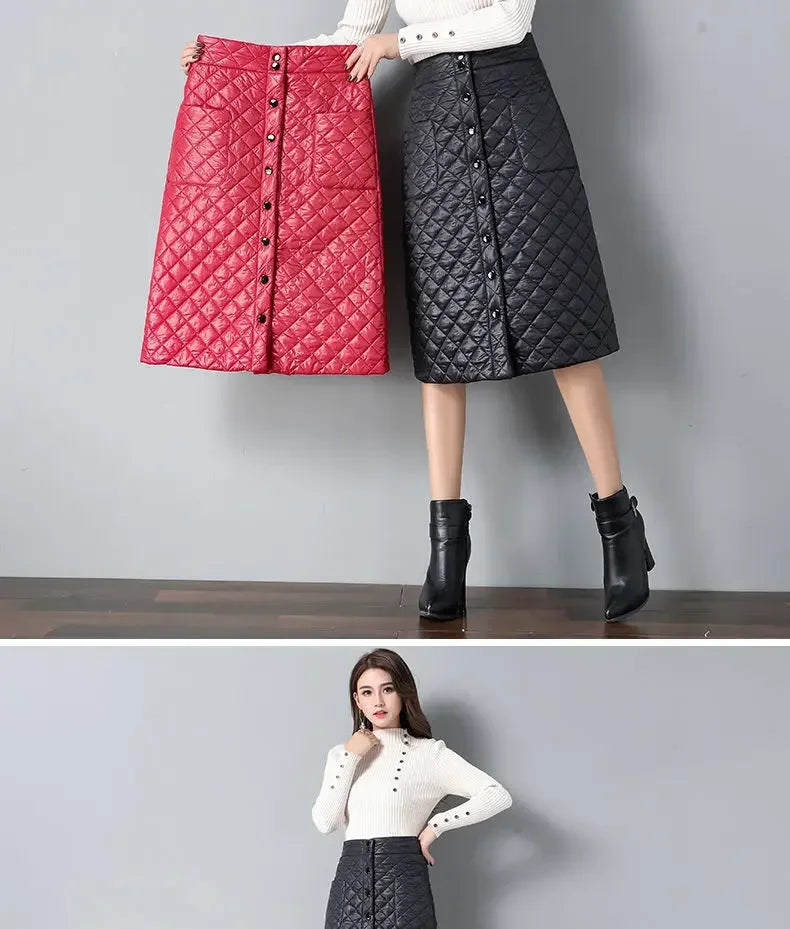 Simplicity Fashion Winter New Women Solid Button Pockets High Waist Down Cotton Thicken Warm Mid-length A-line One Pace Skirt