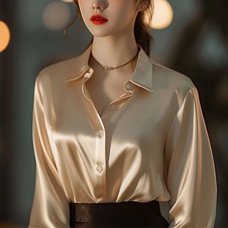 Spring Summer Casual Women's Satin Shirt Lapel Long Sleeve Blouse Loose Solid Color Office Lady Fashion Shirts Top