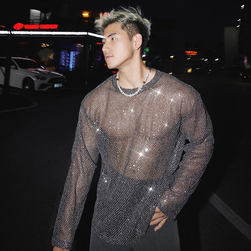 FEWQ Sequins Decoration Men's T-shirts Mesh Design Round Collar Tops Long Sleeved See-through Pullover Male Tees Niche 24K4819
