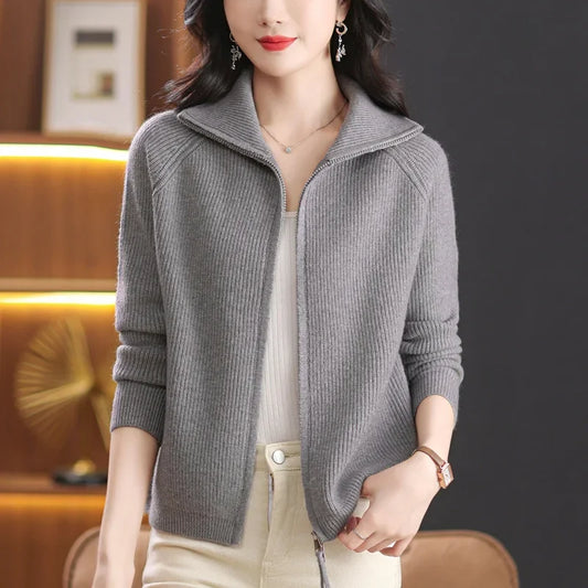 Women's Knitted Open Cardigan Coat Double Zipper Flip Collar Outerwear Fashionable Spring Autumn Winter New Arrival Top