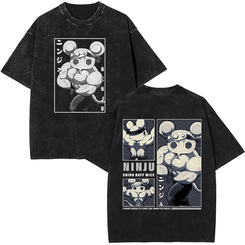 Demon Slayer Tengen Uzui Ninju Mice GYM Washed T Shirts Kimetsu No Yaiba Tee Shirt Cotton T-Shirt Unisex Casual Oversized Tops