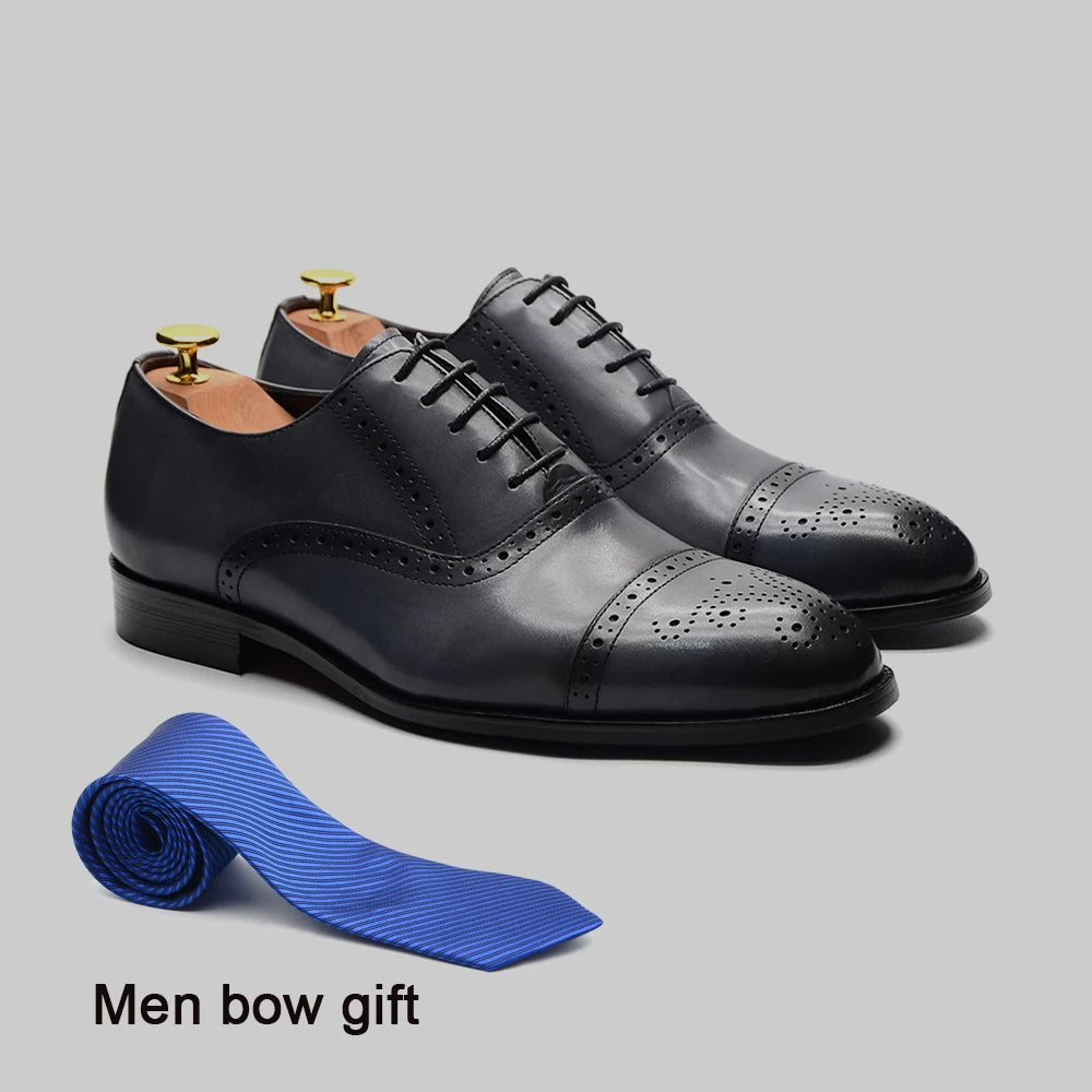 Italian Mens Dress Shoes Genuine Leather Cap Toe Oxfords Lace-up Black Brown Wedding Business Office Brogue Formal Shoes for Men