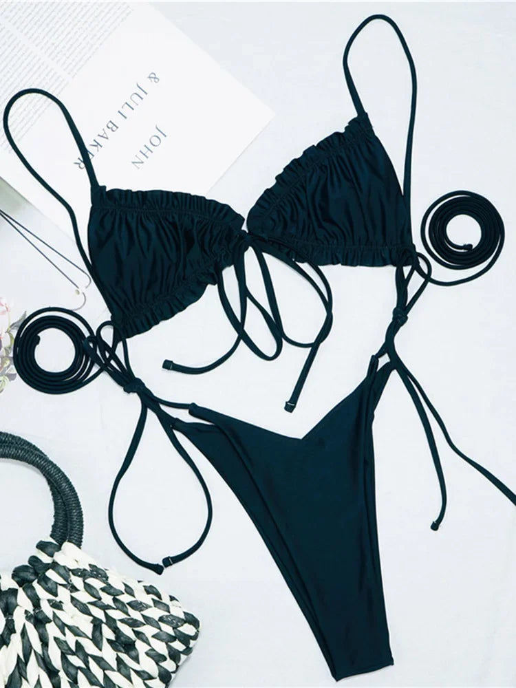 Sexy Printed Ruffled Frilled Thong Bikini Women Swimwear Female Swimsuit Two Pieces Bikini set Micro String Bathing Suit Swim