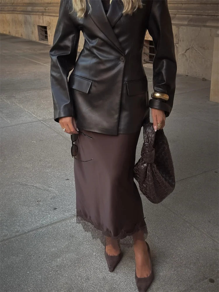 Tossy Fashion Autumn Lace Maxi Skirt For Women High Waist Slim Satin Elegant Commute Party Looks Female Printed Lace Long Skirt