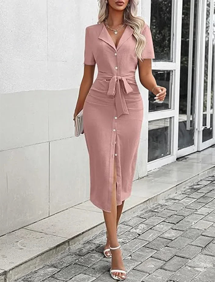 Casual Short Sleeve Women's Shirt Dress Solid Color Lapel Button Cinched Temperament Slit Dress Spring Summer New Commuter Dress