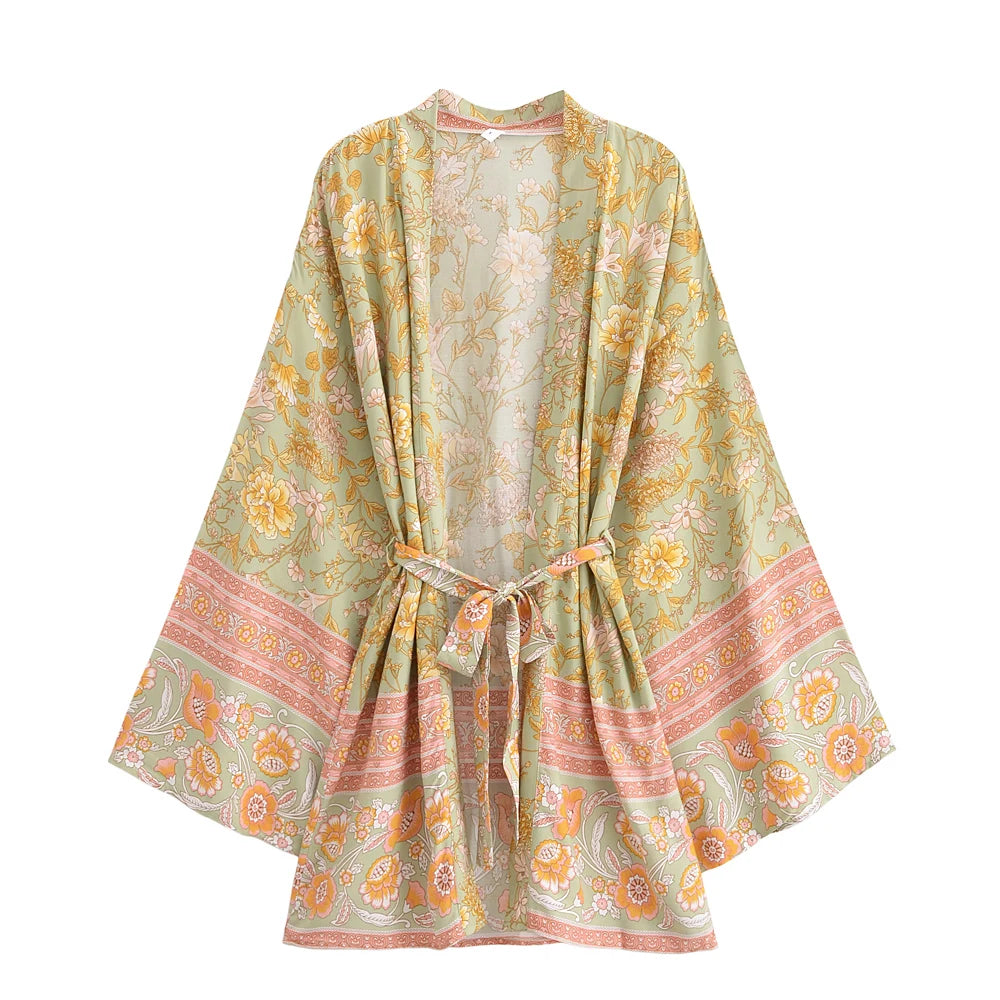 Boho Queens Multi Floral Print Sashes Short Kimono Women Bohemian V Neck Batwing Sleeves Rayon Robe Beach Bikini Cover-up